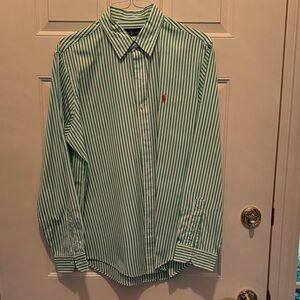 Ralph Lauren Men's Green/White Striped Dress Shirt, EUC, Size L